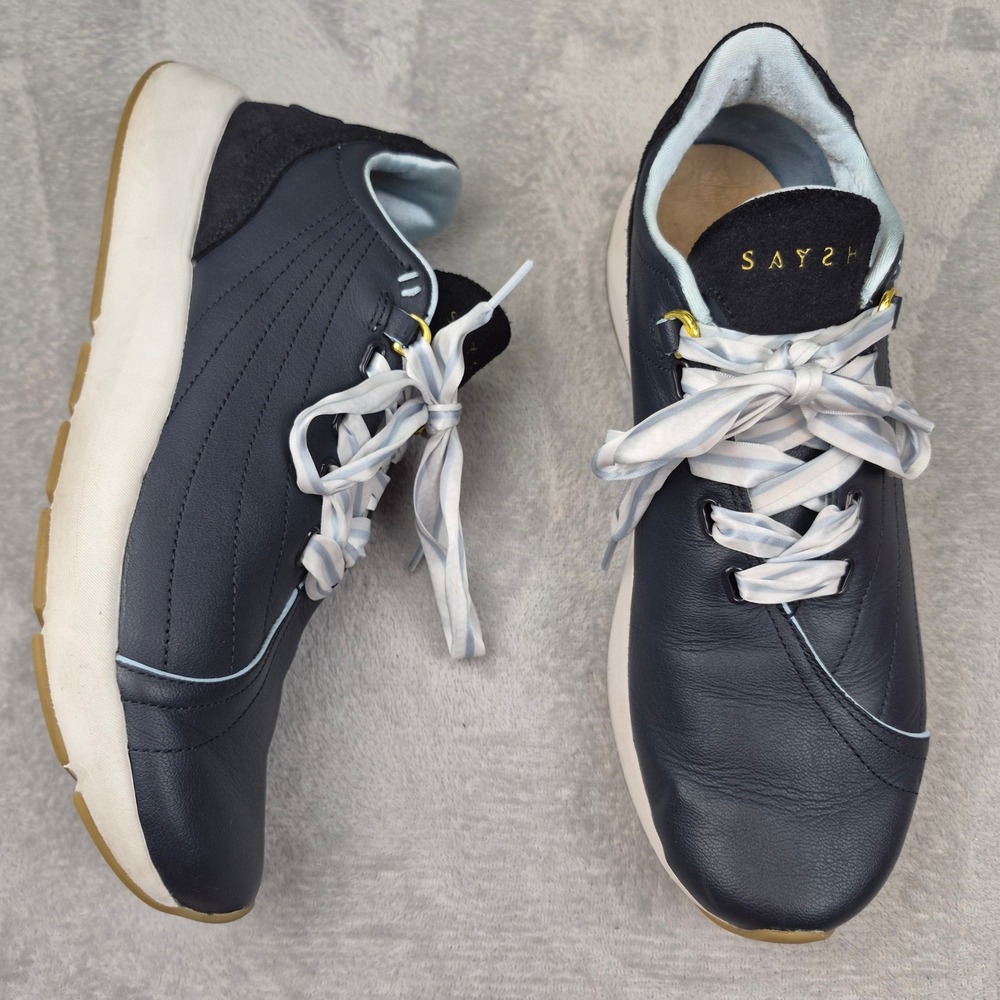 Saysh 2 Two Navy Blue Leather Ribbon Lace Sneakers Women 11.5 Allyson Felix